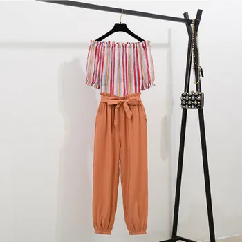 2020 Summer 2 piece Set Color stripes Off Shoulder Chiffon Top Blouse and Sashes Runched Ankle-length Pants Trousers Sets
2020 Summer 2 piece Set Color stripes Off Shoulder Chiffon Top Blouse and Sashes Runched Ankle-length Pants Trousers Sets