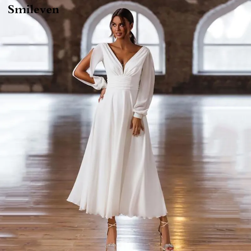 Smileven Simple And Clean Chiffon Wedding Dress Long Fuff Sleeve V Neck Lace Beach Bride Dresses Ankle Length Boho Bridal Gowns
Smileven Simple And Clean Chiffon Wedding Dress Long Fuff Sleeve V Neck Lace Beach Bride Dresses Ankle Length Boho Bridal Gowns