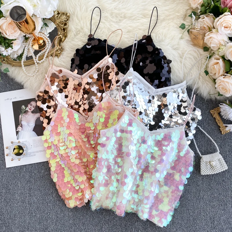Fashion Korean Women Sexy V Neck Spaghetti Strap 2020 Spring Summer Basics Woman Sexy Glisten Sequins Top Slim Short Pink Tops
Fashion Korean Women Sexy V Neck Spaghetti Strap 2020 Spring Summer Basics Woman Sexy Glisten Sequins Top Slim Short Pink Tops
