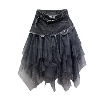 

Summer Denim Jeans Skirt Women 2020 Irregular High Waisted Tulle Skirts Mesh Patchwork Pockets Pleated Mid-Calf Tutu High Street