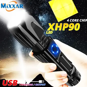EZK20 Dropshipping XHP90 LED Flashlight Telescopic Zoom USB Charging Tactical 26650 Hunting Flashlights with Clip Safety Hammer