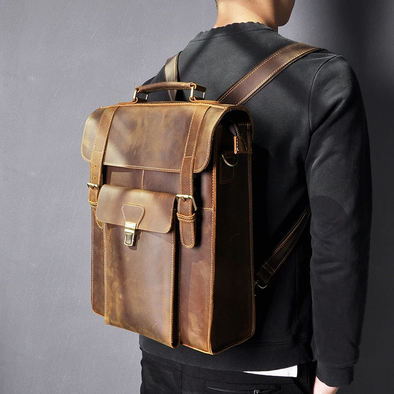 Фото Мужской качественный кожаный дизайнерский Повседневный модный рюкзак для