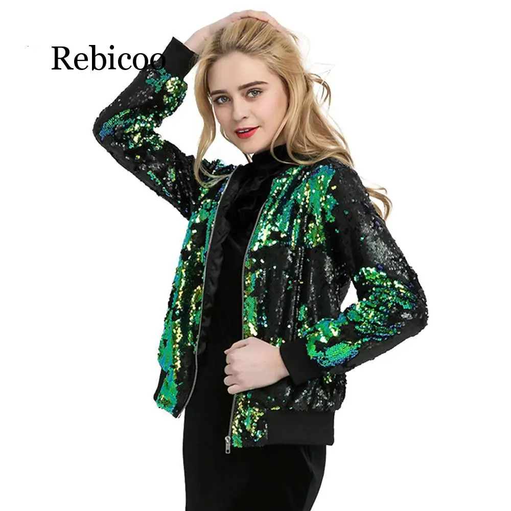 Autumn Women's Sequins Jacket Green Pilot Long Sleeve Zipper Street Loose Casual Foundation | Женская одежда