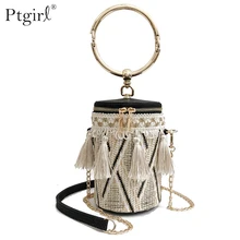 Nuevo bolso de moda Primavera Verano 2020, bolso de paja de alta calidad para mujer, bolso de mano redondo, bolso de hombro con cadena con borlas y anillo metálico Ptgirl(China)