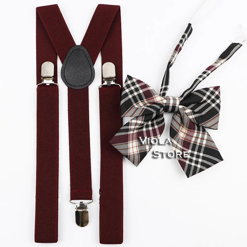 

Female Suspender Plaid Bowtie Set School Student Uniform Butterfly Cotton Brown Navy Burgundy Women Girl Cosplay Brace Accessory