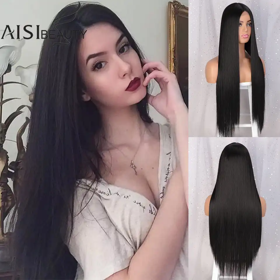 Chernye Pryamye Dlinnye Zhenskie Pariki Aisi Beauty Termostojkie Sinteticheskie Pariki Srednej Chasti Dlya Afro Amerikanskih Zhenshin Pariki Dlya Kospleya Aliekspress