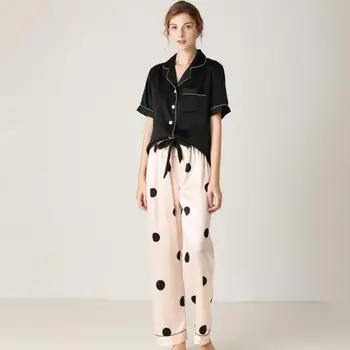New Pajamas Women Pajama Sets Short sleeved blouse and long pants are loose Silk Pijama Sleepwear Pyjamas Nightwear Set 
New Pajamas Women Pajama Sets Short sleeved blouse and long pants are loose Silk Pijama Sleepwear Pyjamas Nightwear Set