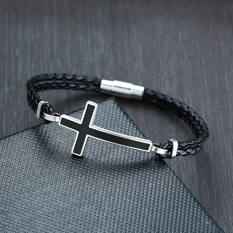 

Men Casual Sideways Cross Charm Black Braided Leather Rope Bracelets Bangles Male Prayer Gifts Jewelry