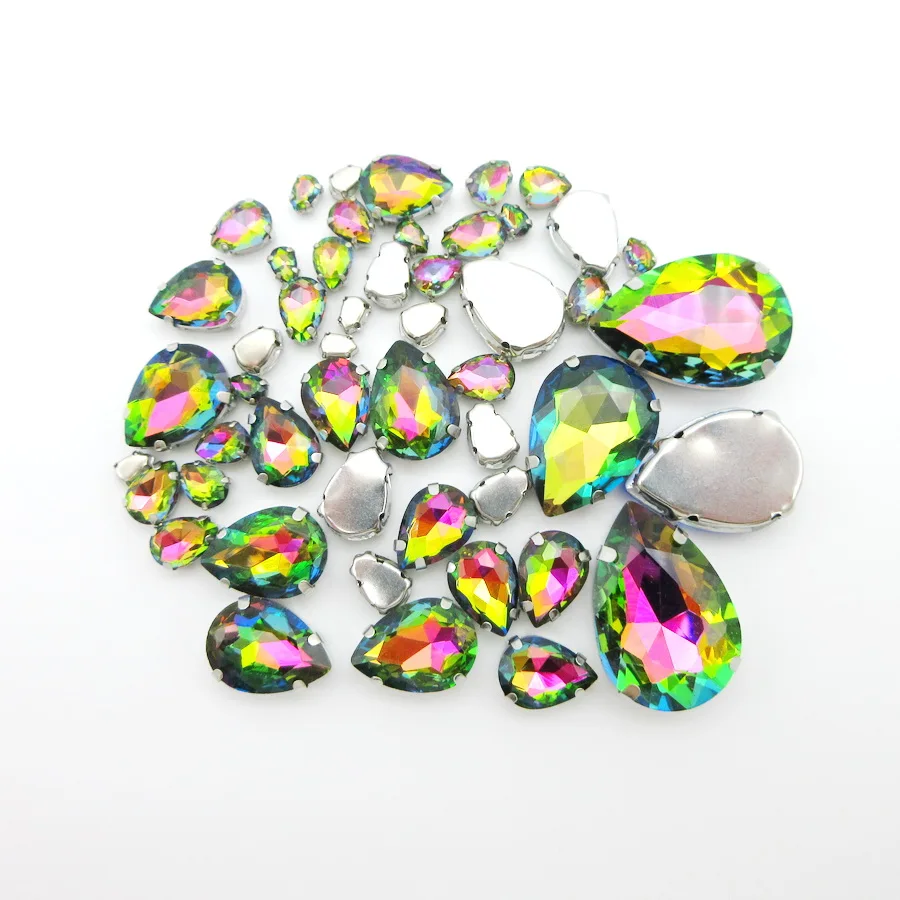 

Rainbow glass crystal strass mix water drop shape 7 sizes silver claw flatback sew on rhinestone clothes shoes bags diy colorful