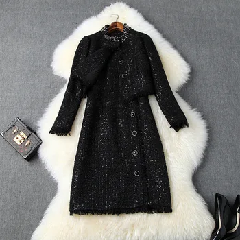 Women autumn winter sleeveless tweed dress suit sequined tassel button front sexy dresses pearls beading jacket two piece outfit
Women autumn winter sleeveless tweed dress suit sequined tassel button front sexy dresses pearls beading jacket two piece outfit