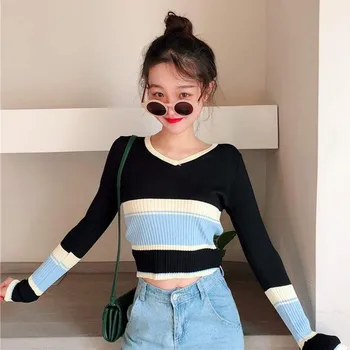 Women Striped Patchwork Sweater Jumper Casual Long Sleeve V Neck Knitwear Sweaters Female Knitted Pullovers Tops Pull Femme
Women Striped Patchwork Sweater Jumper Casual Long Sleeve V Neck Knitwear Sweaters Female Knitted Pullovers Tops Pull Femme