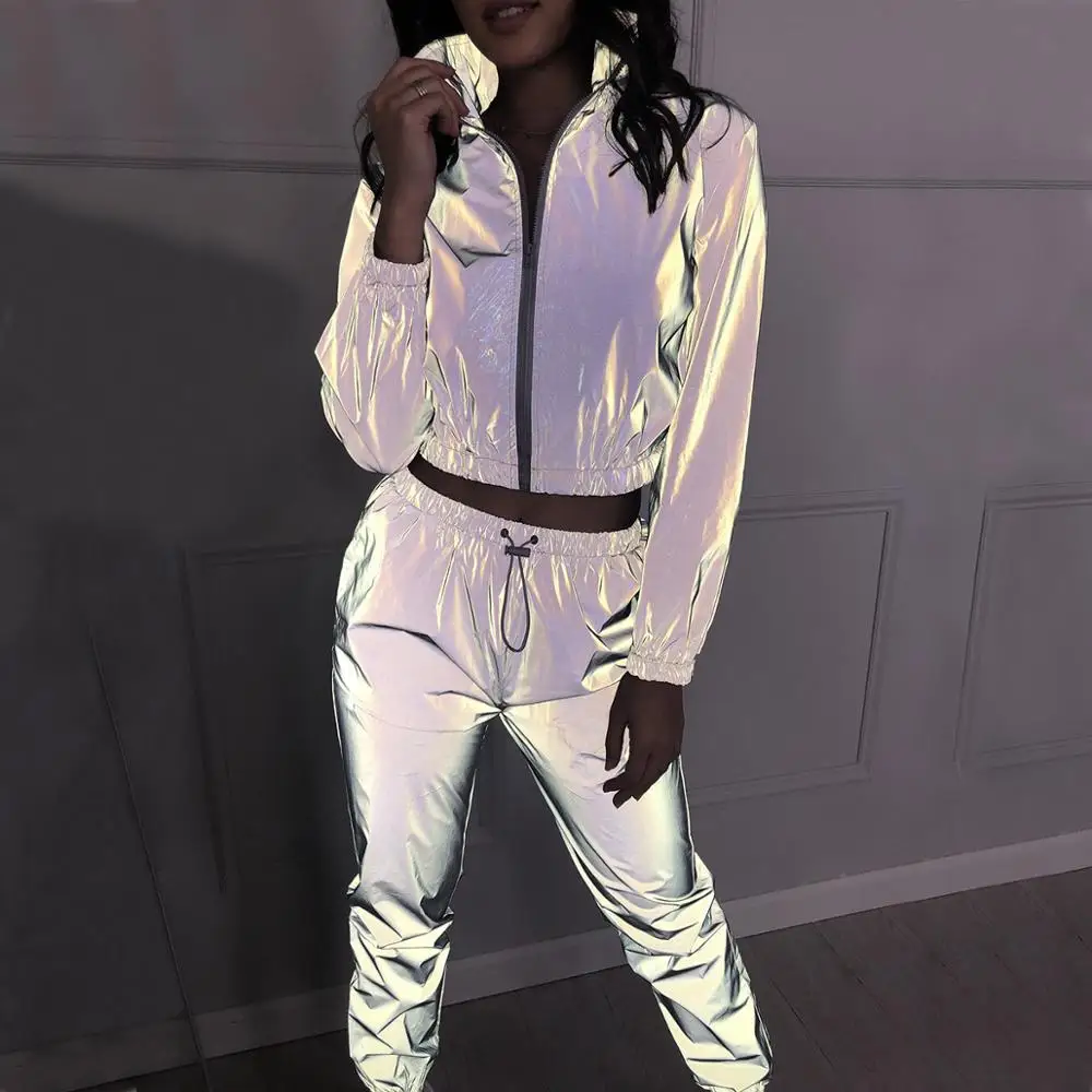 Women Tracksuits 2 Piece Set Reflective Crop Top Pants Fashion 2019 Ladies Loose Zipper Shine Jacket Coat Trouser Suit Plus Size
Women Tracksuits 2 Piece Set Reflective Crop Top Pants Fashion 2019 Ladies Loose Zipper Shine Jacket Coat Trouser Suit Plus Size