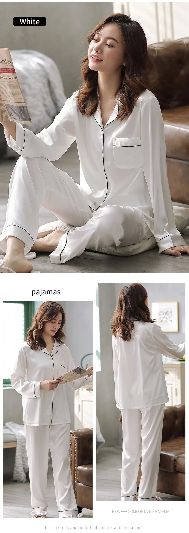 Summer Satin Pajamas Women Pyjamas PJ Set Female Long Sleeve Sleepwear Suit Ladies Night Wear Imitation Silk Pijamas For Women