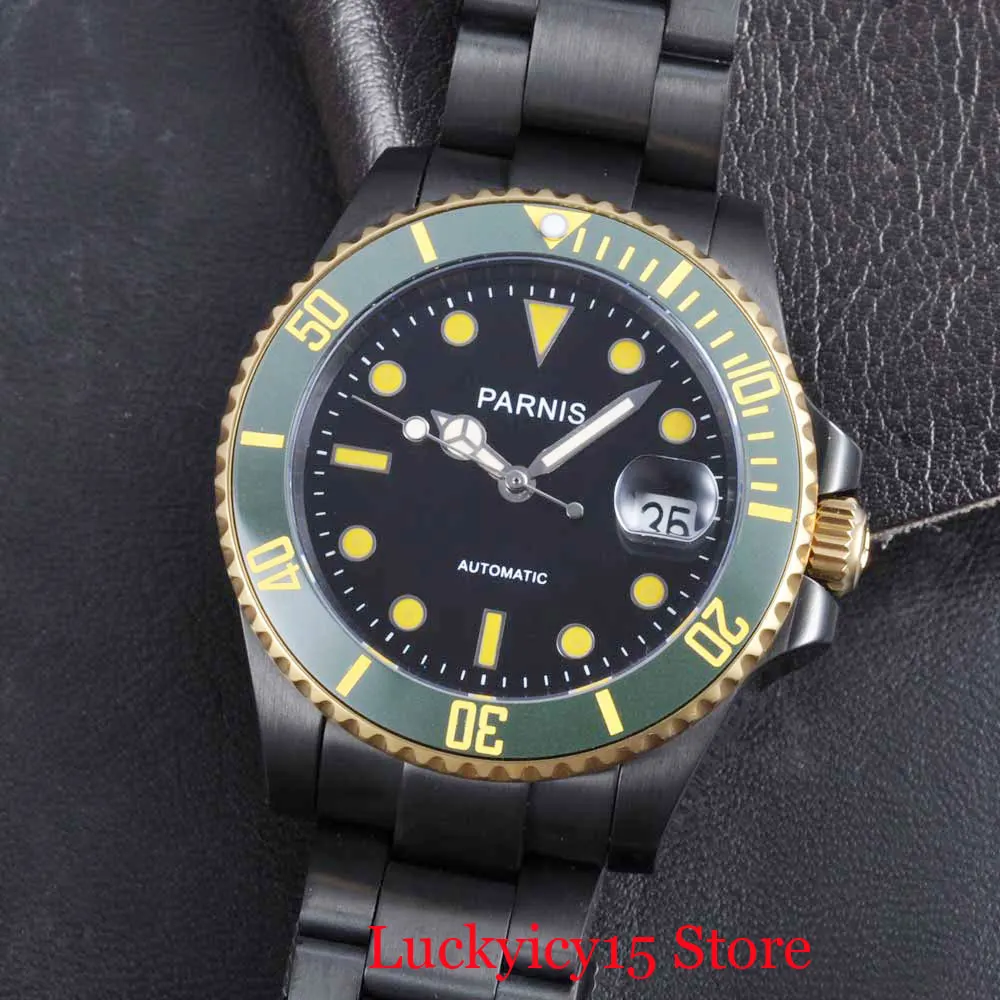 

PARNIS Whole Black PVD Men Wristwatch Date Window 40mm Sapphire Glass Date Green Rotating Bezel Automatic Movement
