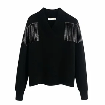 Za women's new long sleeve V-neck blend fabric in autumn 2019 with Beaded tassel and embroidered rib trim knitwear sweater
Za women's new long sleeve V-neck blend fabric in autumn 2019 with Beaded tassel and embroidered rib trim knitwear sweater