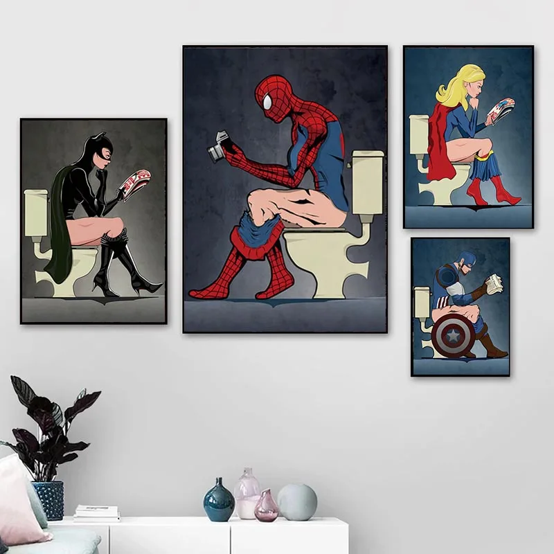 Marvel Superhero Character Read Magazine In The Toilet Painting Cartoon Canvas Posters Prints Bathroom Decor Wall Art Picture | Дом и сад