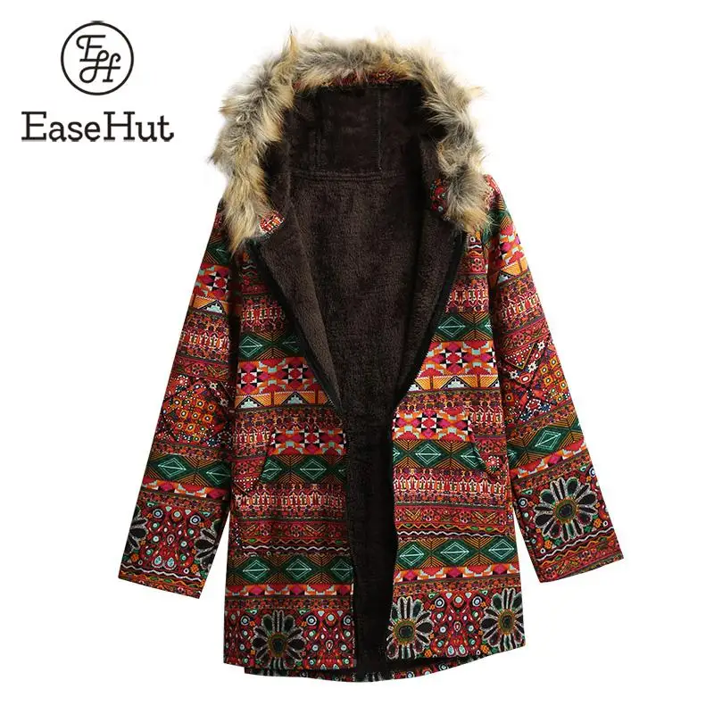 

EaseHut 2019 Fall Plus Size Women Long Parkas Coats Vintage Ethnic Faux Fur Hood Long Sleeve Casual Thin Autumn Winter Jackets