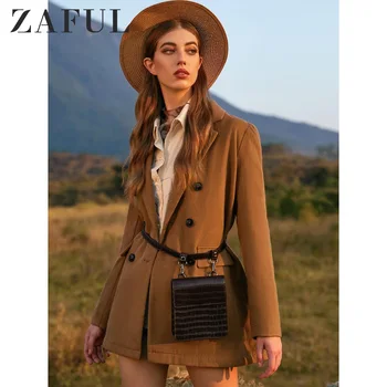 

ZAFUL Winter Wool-Blend Trench Coat Notch Lapel Double Breasted Coat Straight Coat Long Solid Autumn Warm Daily Women Tunic Coat