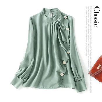New style stand collar side pleated Ruffle edge stone buckle decoration long sleeve set 02 silk shirt female
New style stand collar side pleated Ruffle edge stone buckle decoration long sleeve set 02 silk shirt female