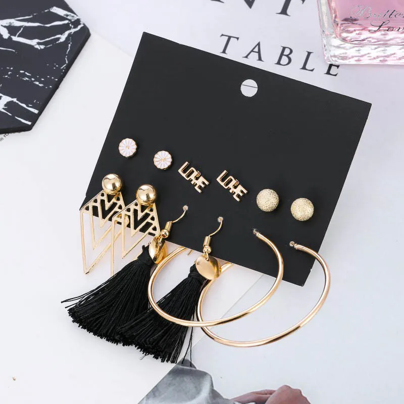 6 Pair/Set New Design Earrings Sets Geometric Letter Love Flower Big Circle Tassel Women Girls Earring For Party Wedding Jewelry | Украшения