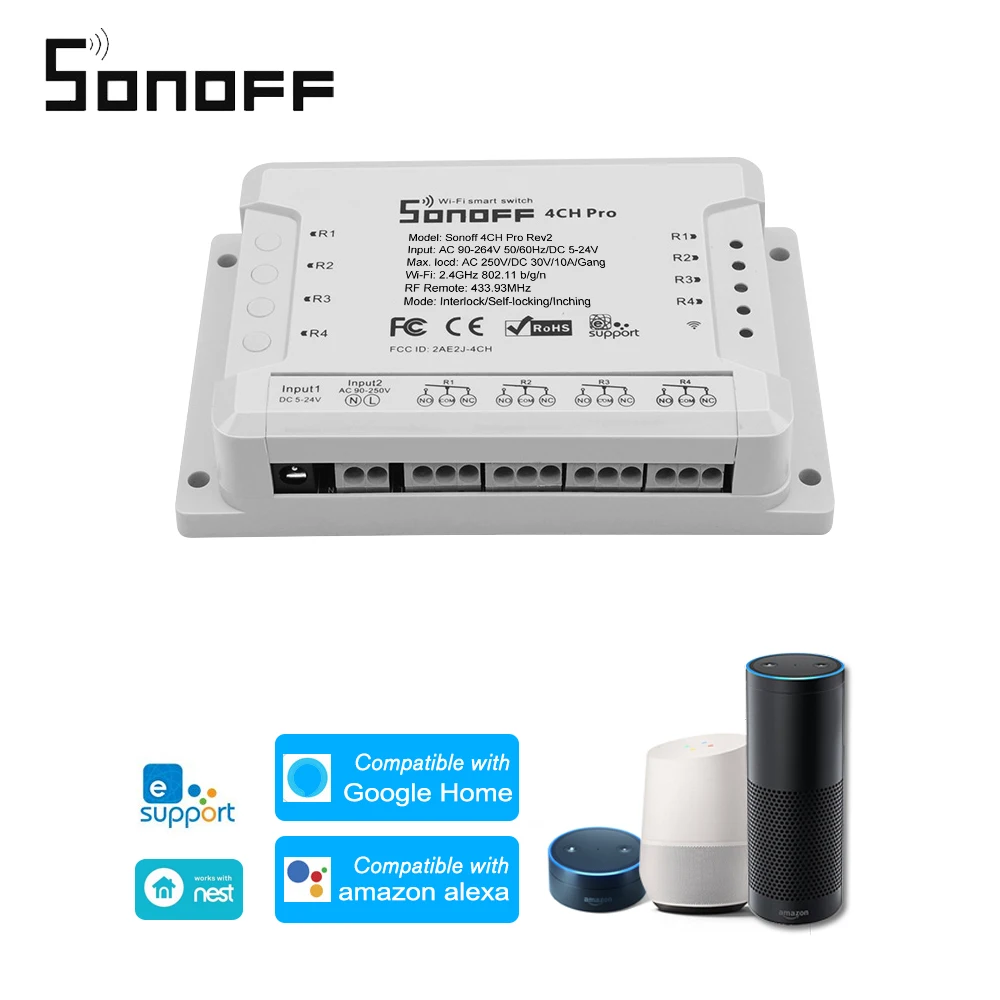 SONOFF 4CH R2/Pro R2 Smart WiFI Switch 4 Gang Smart Home WiFi Smart Switch Voice Control Works with Amazon Alexa for Google Home
SONOFF 4CH R2/Pro R2 Smart WiFI Switch 4 Gang Smart Home WiFi Smart Switch Voice Control Works with Amazon Alexa for Google Home