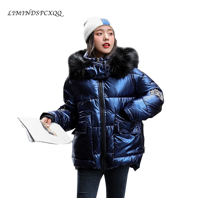 

Autumn Winter Women's Short Glossy Down Cotton Hooded Parkas With Big Fur Collar Casual Pearlescent Leather Thick Winter Jacket