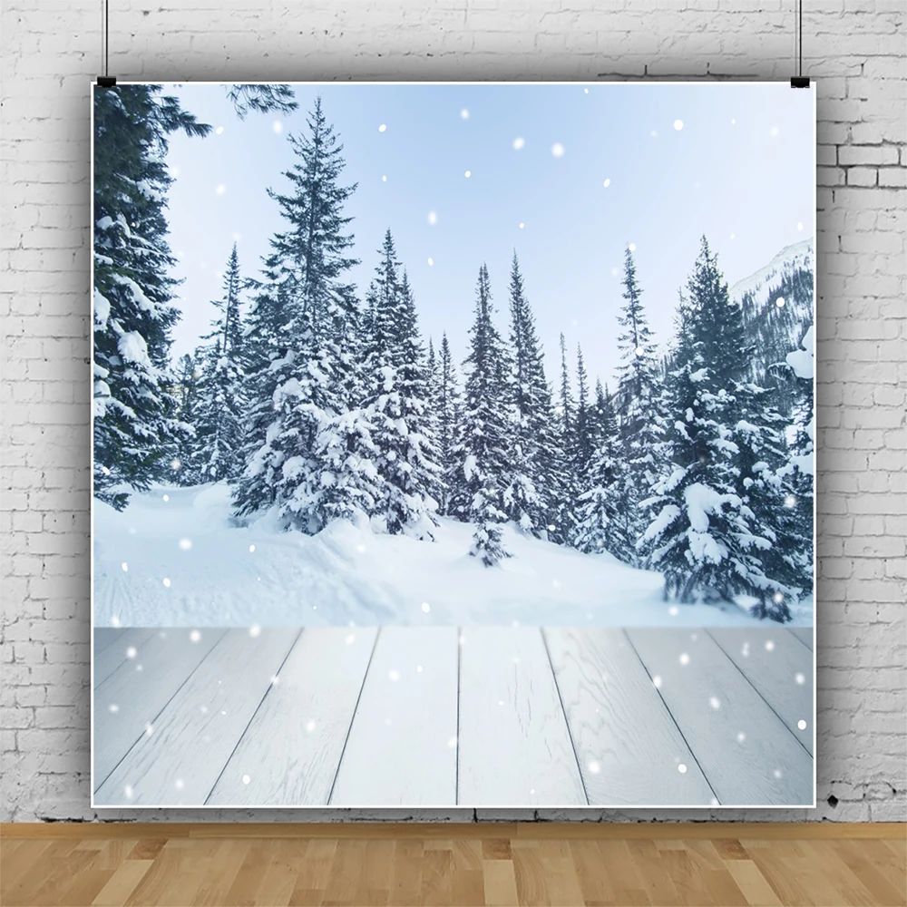 

Laeacco Pine Forest Snowflake Backdrops Winter Scenic Wooden Boards Floor Child Portrait Photographic Photo Background Poster