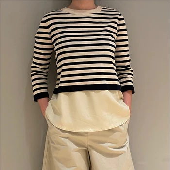 Women's Striped Stitching Sweater O-neck Shoulder Buttons Long Sleeve Fake Two-pieces Knit Pullover Lady Loose Top
Women's Striped Stitching Sweater O-neck Shoulder Buttons Long Sleeve Fake Two-pieces Knit Pullover Lady Loose Top