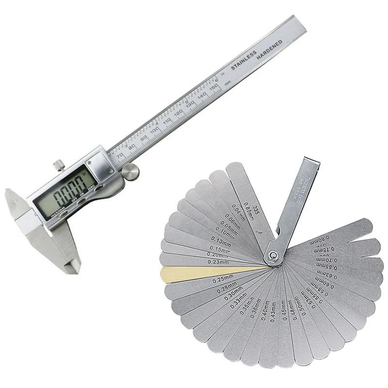 Digital Vernier Caliper 6Inch/150mm + 32 Feeler Gauges Dial Calipers Electronic Caliper Fractions/Inch/Metric Calipers Measuring
Digital Vernier Caliper 6Inch/150mm + 32 Feeler Gauges Dial Calipers Electronic Caliper Fractions/Inch/Metric Calipers Measuring