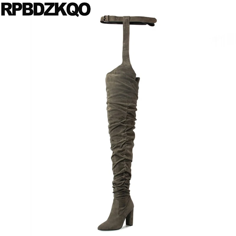 Tall Big Size Shoes Over The Knee Designer Pointed Toe Green Fetish Extreme Long Chunky Suede Slim Thigh Women Boots High Heel | Обувь