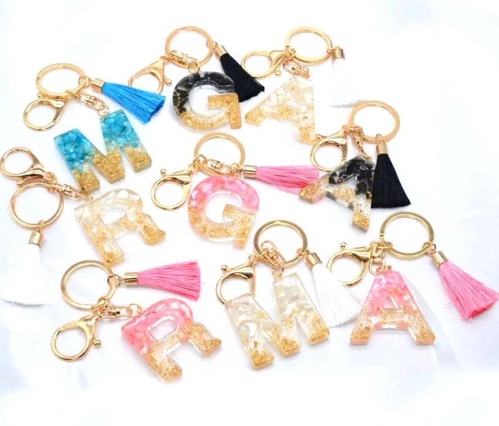 

2021 Mix Colour Letter Crystal Arylic Liquid Keychain Women Car Key Chains Ring Car Bag Tassels Pendent Charm Gift High Quality
