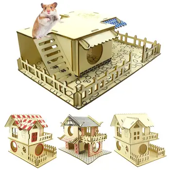 

Wood Hamster House Double-Storey Villa Balcony Folded Small Pet Stairs Tunnel Toy Playground