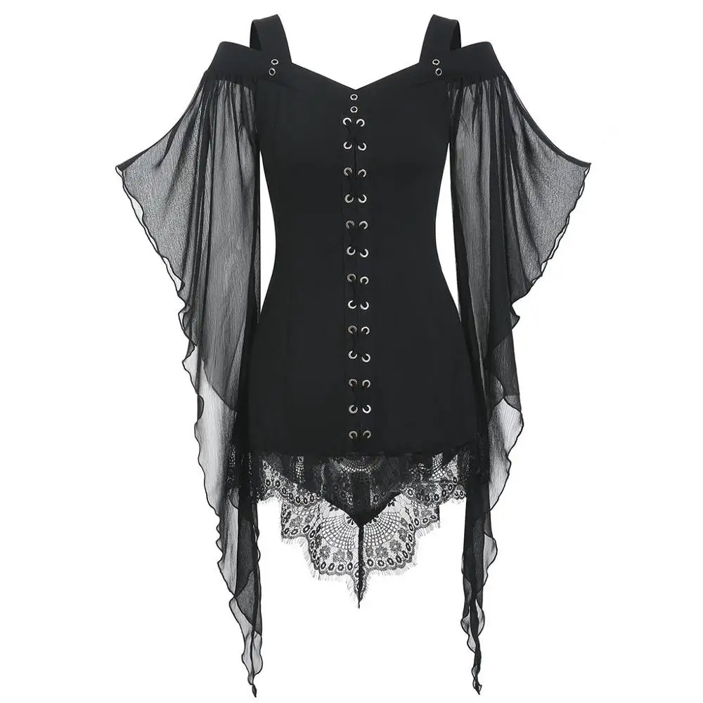 

Women Gothic Criss Cross Lace Insert Butterfly Sleeve Plus Size Lace stitching Tops Halloween witch top dames shirt W#
