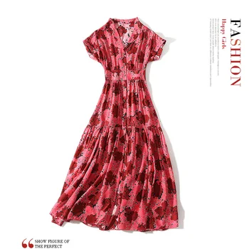 New suit collar contrast printing short sleeve elastic waist show thin medium length silk dress female 
New suit collar contrast printing short sleeve elastic waist show thin medium length silk dress female