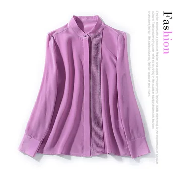 New ol small stand collar solid color pleated striped single breasted long sleeve 02 silk crepe de Chine Shirt Top Female 
New ol small stand collar solid color pleated striped single breasted long sleeve 02 silk crepe de Chine Shirt Top Female