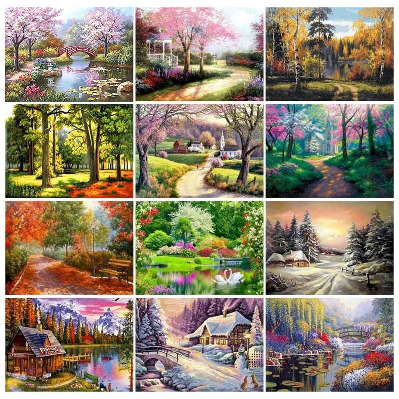 

PhotoCustom Landscape DIY Oil Painting By Numbers Kits Four Seasons Scenery 60x75cm Paint By Numbers On Canvas Frame Handpaint