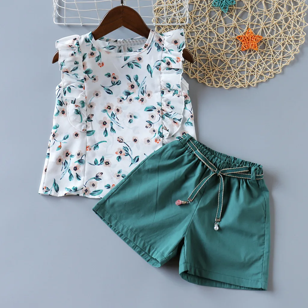 2020 Fashion Summer Outfits Set Clothes Toddler Kids Baby Girls Floral Vest Tops +Solid Shorts Cute |