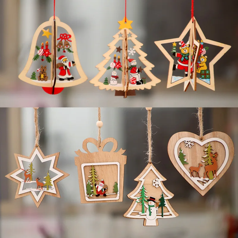 

1Pcs Wooden Christmas Decoration Xmas Tree Pendant 3D Embellishments Hanging Home New Year Party Bauble Decoration