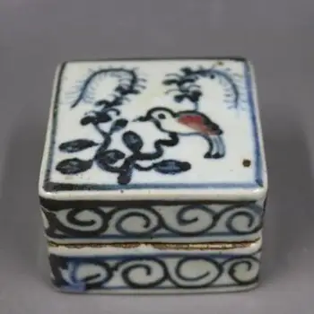 

Antique porcelain, blue and white, underglaze, red flowers and birds, square printing clay box