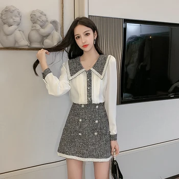 2020 Autumn Elegant Women 2 Piece Set Tweed Patchwork Chiffon See Through Shirt Top + Double-Breasted Woolen Mini Skirt Suit
2020 Autumn Elegant Women 2 Piece Set Tweed Patchwork Chiffon See Through Shirt Top + Double-Breasted Woolen Mini Skirt Suit
