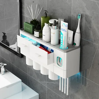 New Toothbrush Holder Automatic Toothpaste Dispenser With Cup Wall Mount Toiletries Storage Rack Bathroom Accessories Set
New Toothbrush Holder Automatic Toothpaste Dispenser With Cup Wall Mount Toiletries Storage Rack Bathroom Accessories Set