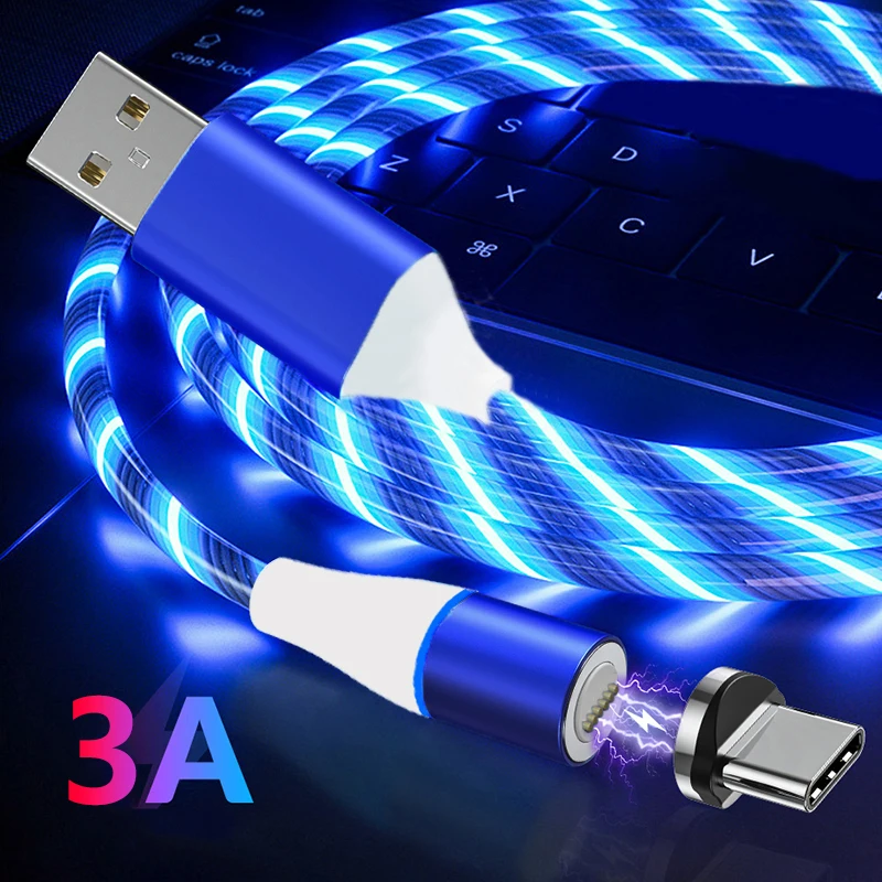 Магнитный кабель Micro USB/Type-C со светодиодной подсветкой 3 А для быстрой зарядки и