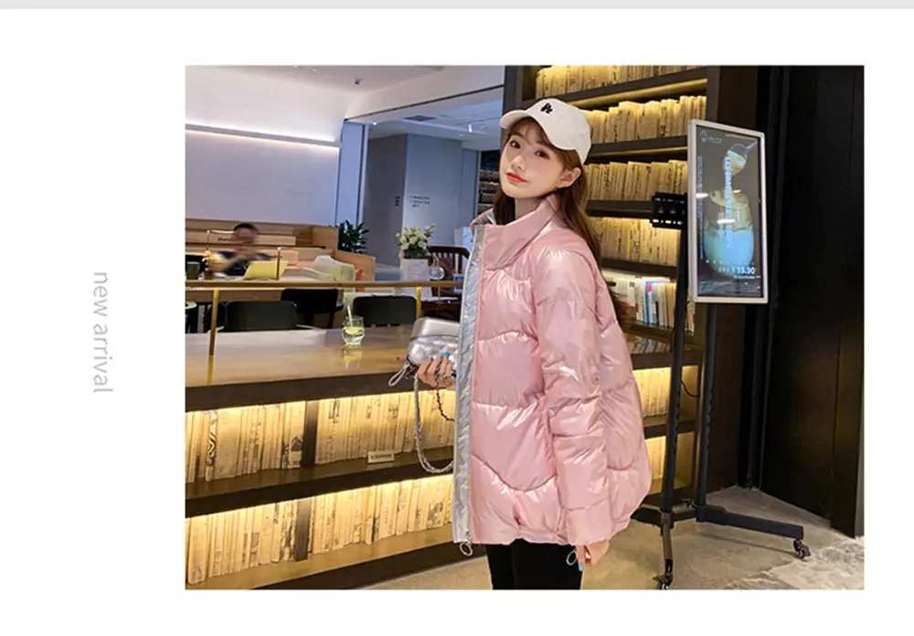 PinkyIsBlack 2020 Autumn Womens Winter Coats Fashion Glossy Stand Collar Parkas Winter Jacket Women Shinny Padded Cotton Coat