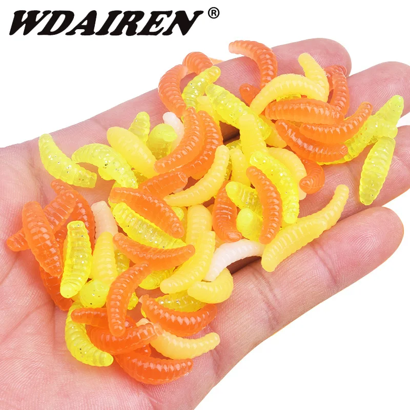 

HOT SELL!! 50pcs or 100pcs Maggot Grub Soft Lure Baits Fishy Smell Worms Glow Silicone Shrimps Fishing Lures 2.2cm 0.38g