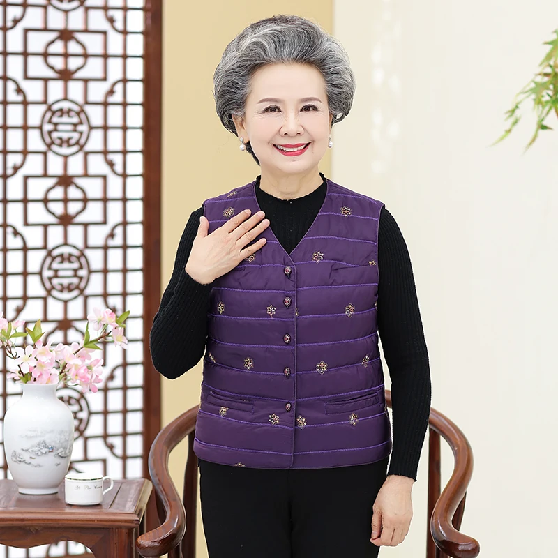 Elderly Women Puffer Vest Winter Purple Red Navy Blue Flower Print Herringbone Weskit Mother Warm Padded Sleeveless Jacket | Женская