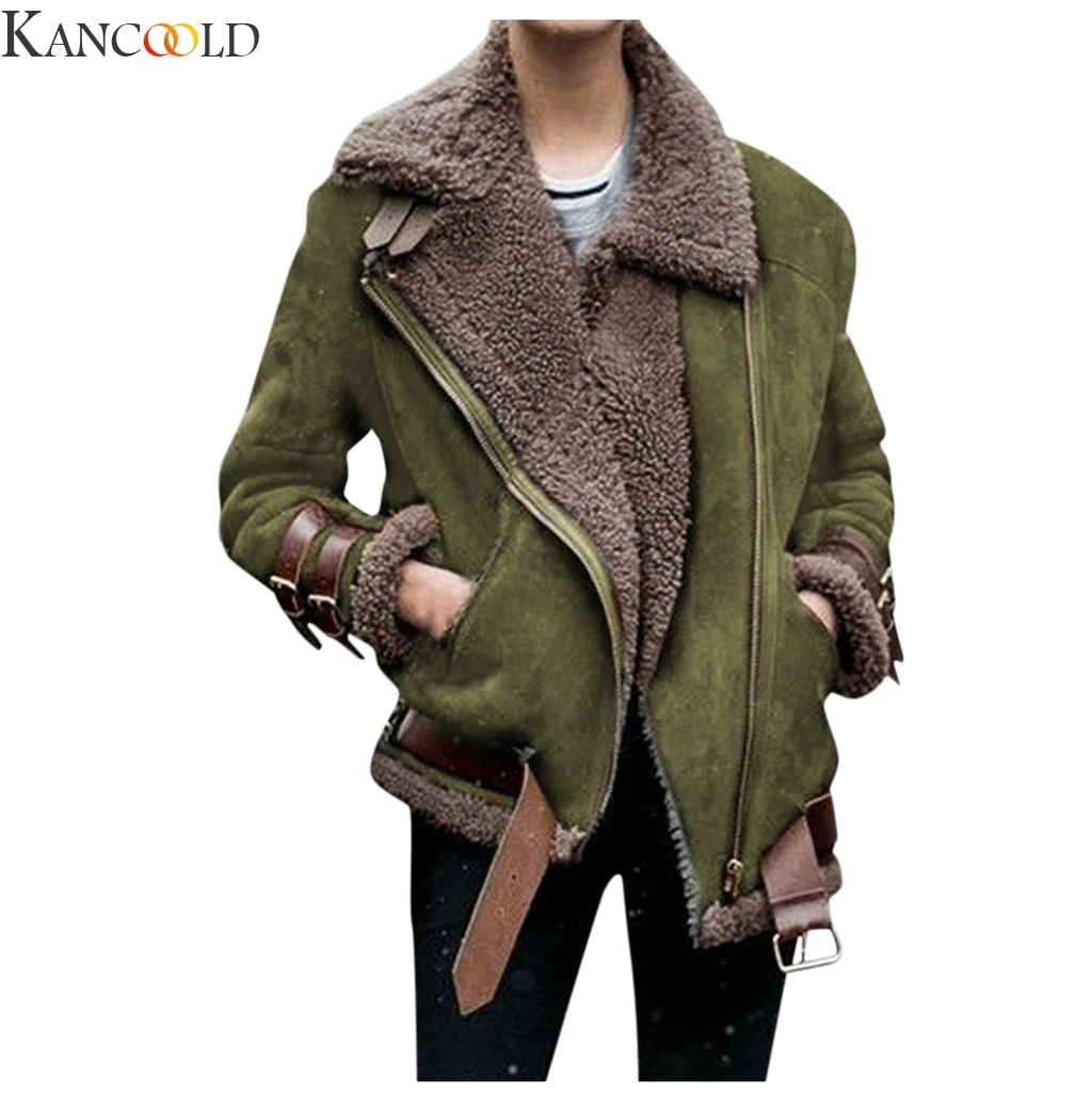 Фото KANCOOLD женская джинсовая куртка из искусственной кожи Зимняя Толстая воротник