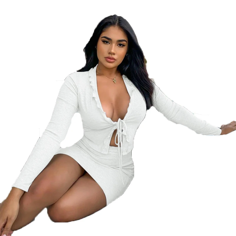 Solid Long Sleeve Two-piece set 2021 Slim Deep V-neck Drawstring Fit Crop Top and High Waist Skirt Mini Dress Casual Outfit |