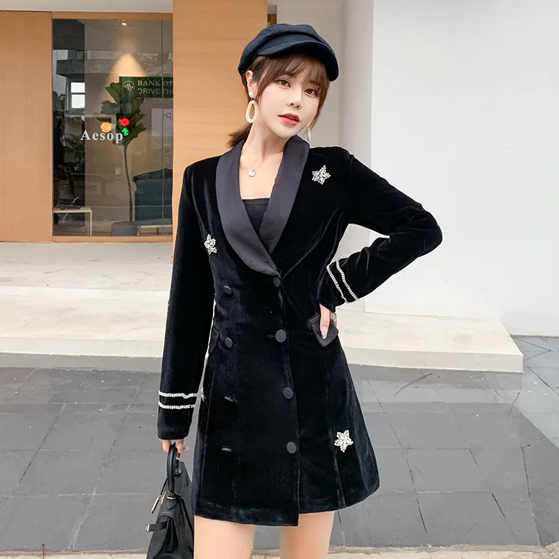High-end Custom Velvet Black Satin Diamond Star Suit Dress 2020 Autumn New Black Women Jackets Coat Women 
High-end Custom Velvet Black Satin Diamond Star Suit Dress 2020 Autumn New Black Women Jackets Coat Women