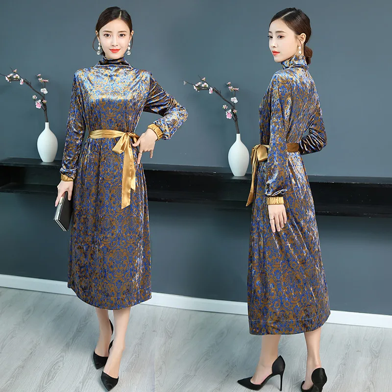 Dress Women's Autumn And Winter Velvet Jacquard Slim Fit Elegant Mid-length with Overcoat of Dress