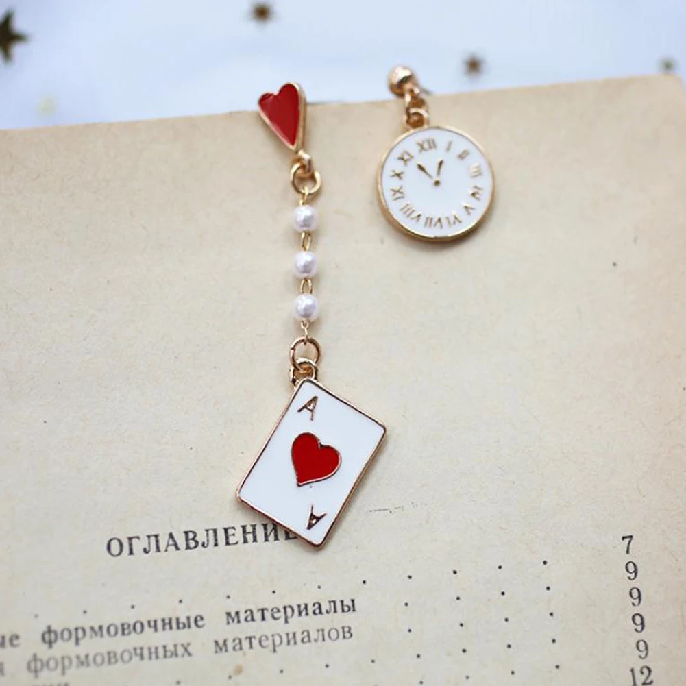 

Gold Red Peach Alice Dream Clock Dangle Earrings Poker Card Asymmetrical Earring Long Created Pearl Fashion Jewelry